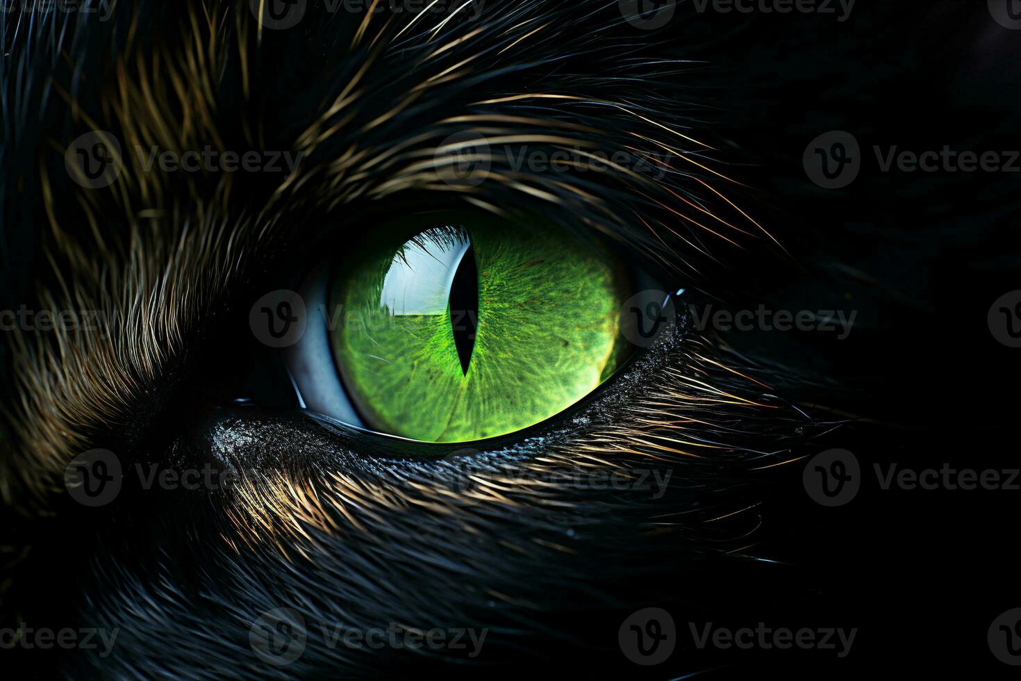 Close-Up of cat's green eye, dilated pupil, symbol of mystery, intensity, and wild nature. AI Generated. photo