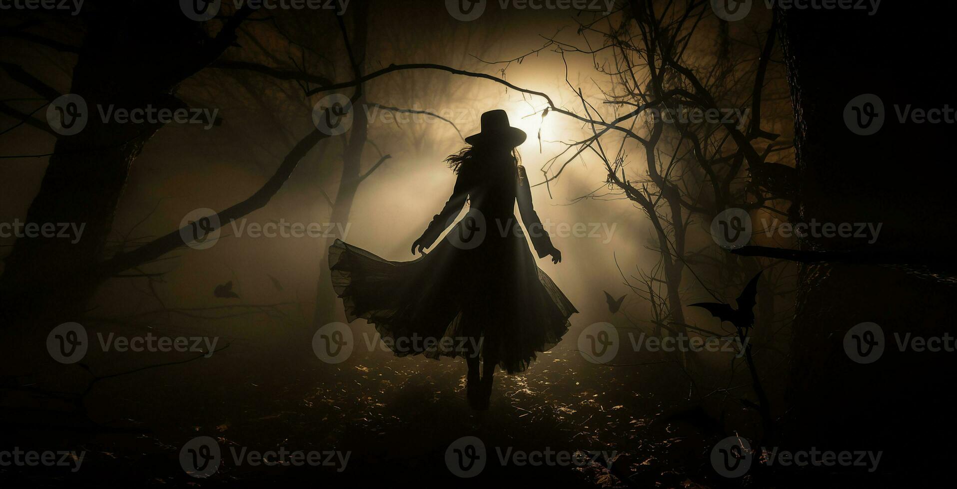 Silhouette of woman in long black dress surrounded by bats, barren landscape, symbol of fear and mystery. AI Generated. photo