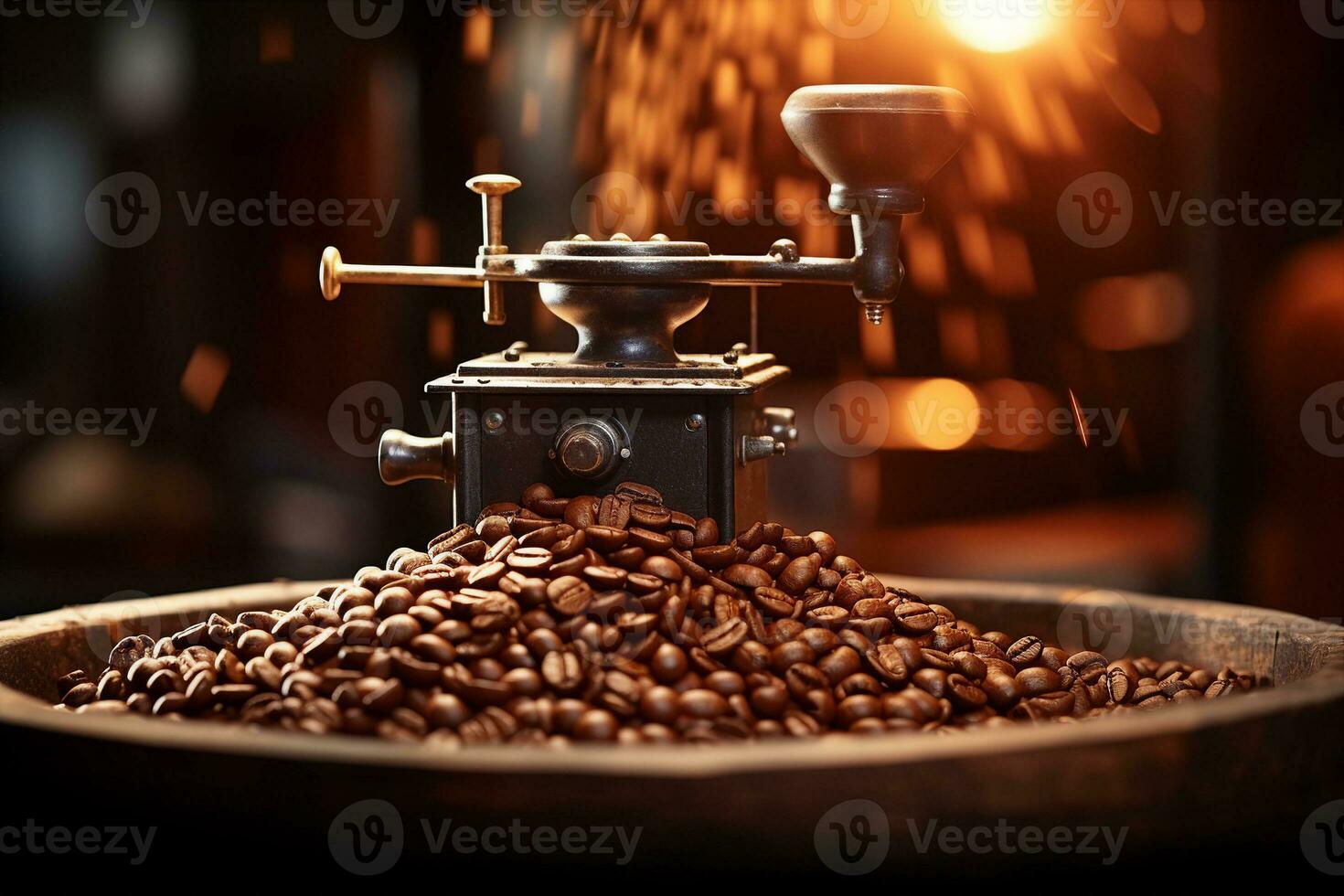 Roasted coffee beans falling into a grinder in slow motion, motion blur, shallow depth of field. AI Generated. photo