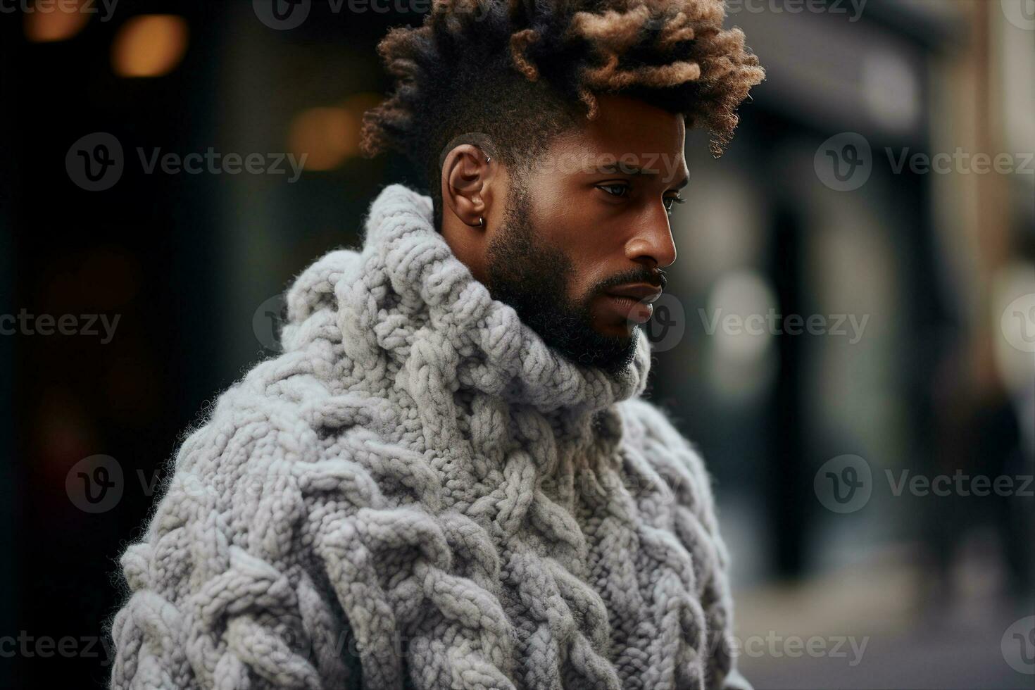 A profile view of a male model wearing a fuzzy oversized gray crochet sweater with intricate stitches. AI Generated. photo