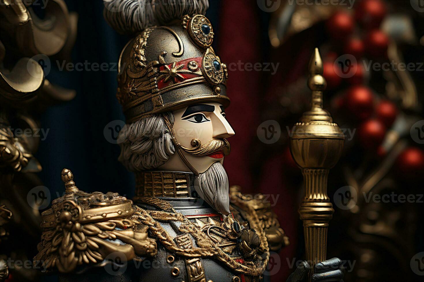 A nutcracker toy in a military uniform holding a torch, side profile, intricate details and textures, close-up view. AI Generated. photo