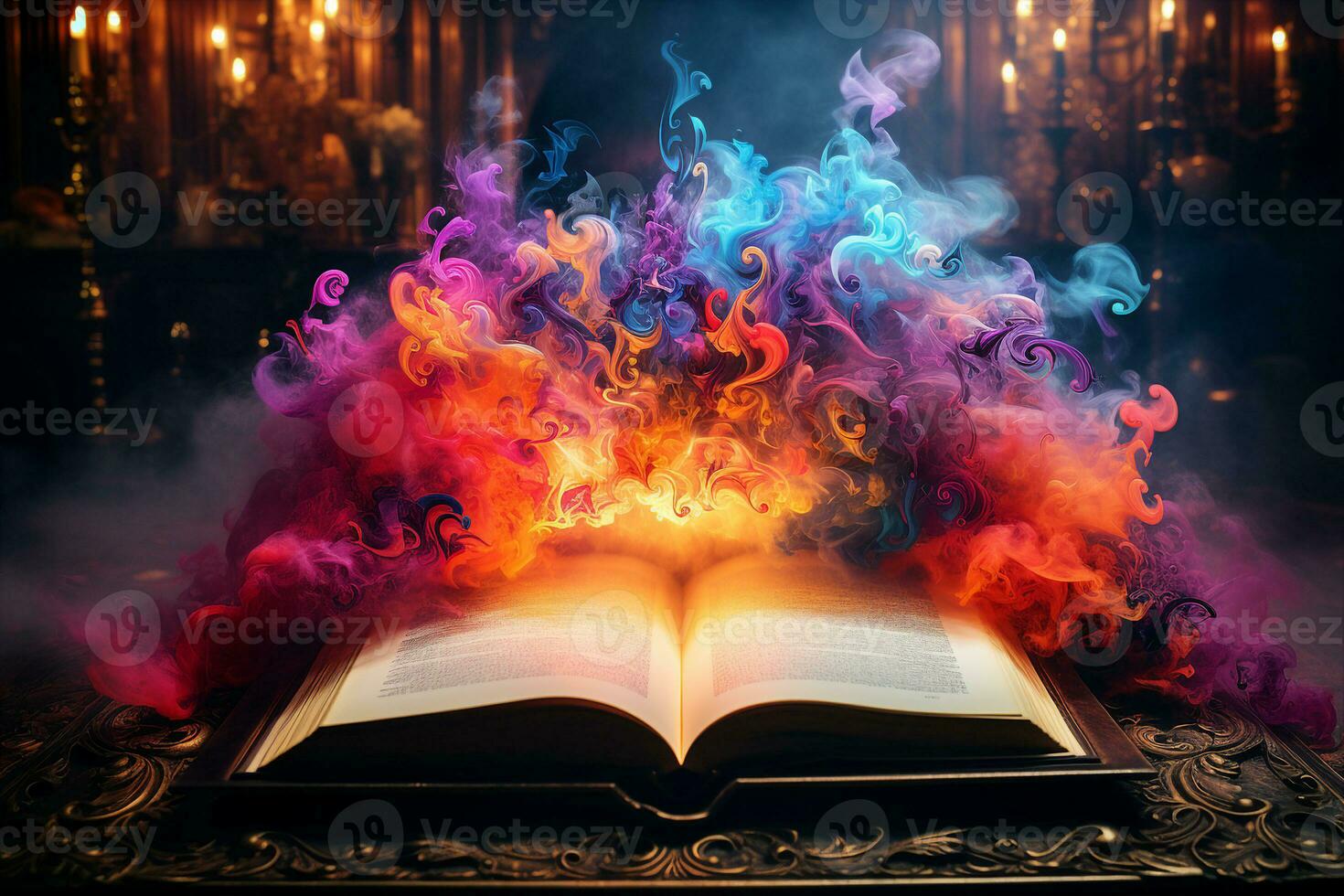 Magical open book with colorful swirling smoke, mystery and enchantment, halloween concept. AI Generated. photo