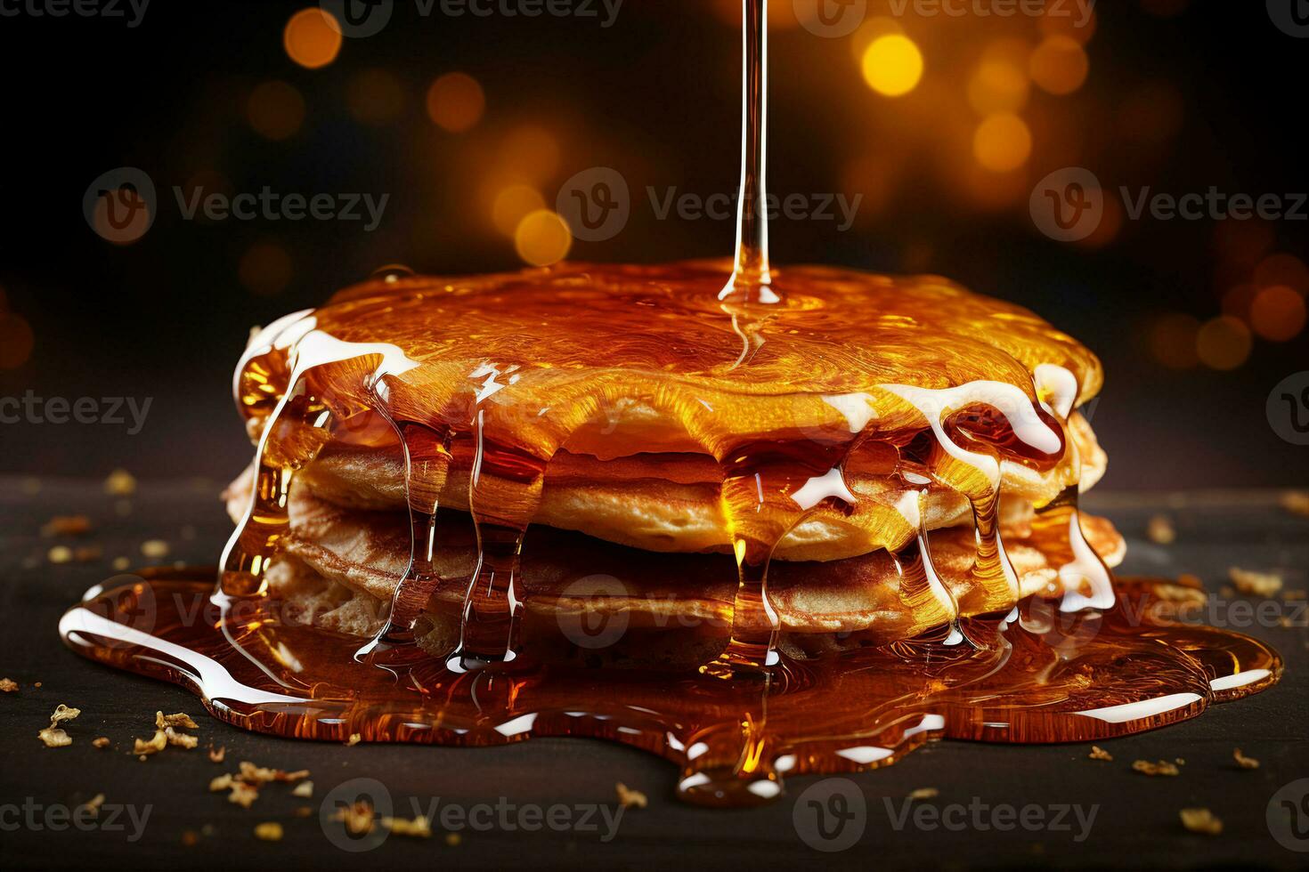 A stack of delicious and fluffy pancakes being drizzled with golden honey. AI Generated. photo