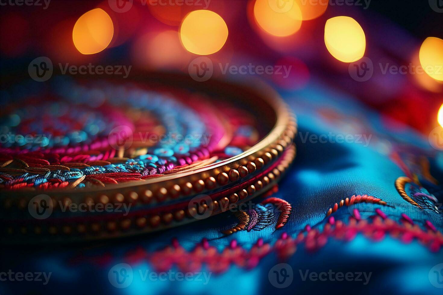 A colorful intricate embroidery hoop and a fabric, close up view, focused on the stitches with dreamy bokeh background. AI Generated. photo