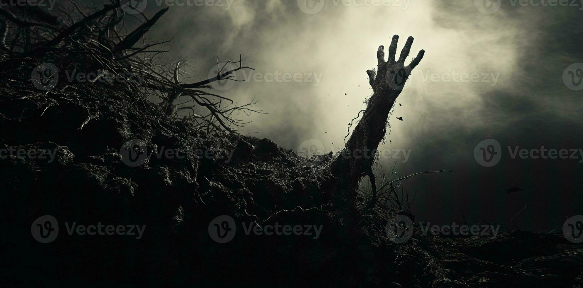 Zombie hand rising from graveyard soil, eerie halloween horror concept. AI Generated. photo