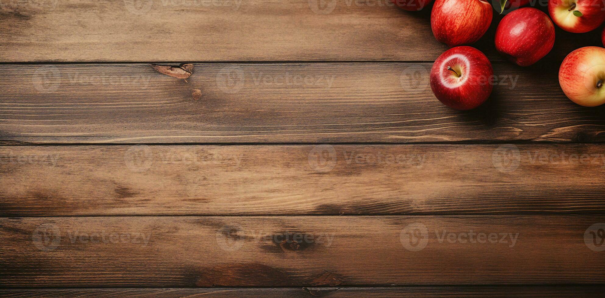 Overhead view of a rustic wood table featuring apples, soft natural lighting. Simple composition. AI Generated. photo