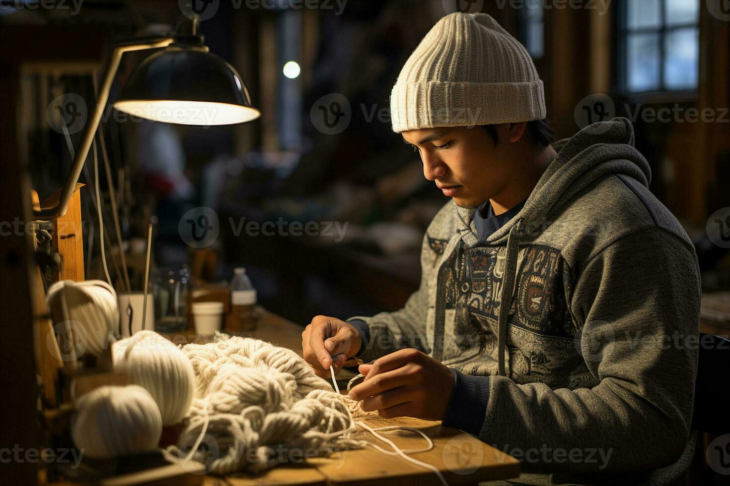 A college student sits at his desk and unravels strands of thick and warm yarn. AI Generated. photo
