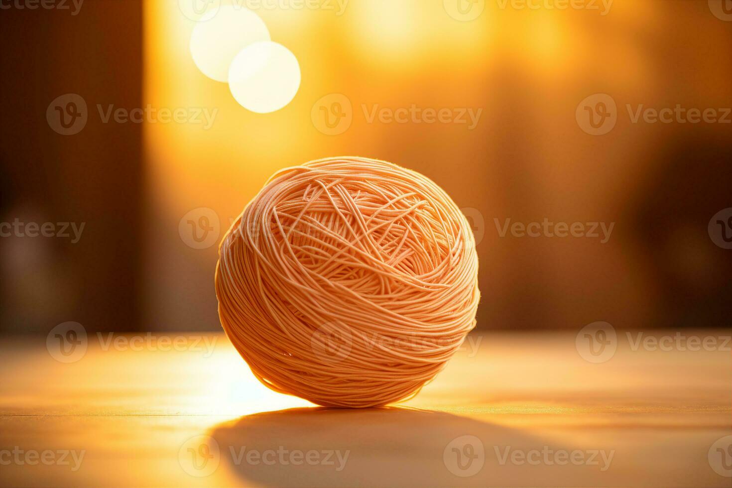 un pelota de brillante hilo con un liso, incluso textura en un de madera mesa. ai generado. foto