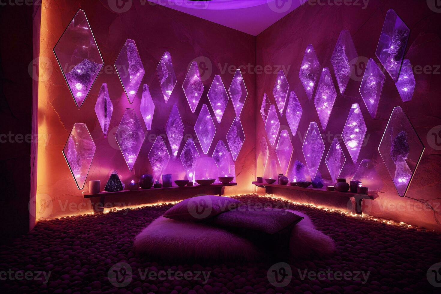 Interior of a modern Spa room with cozy bed, healing pods and glowing pink crystals on the walls. Generative AI illustration. photo