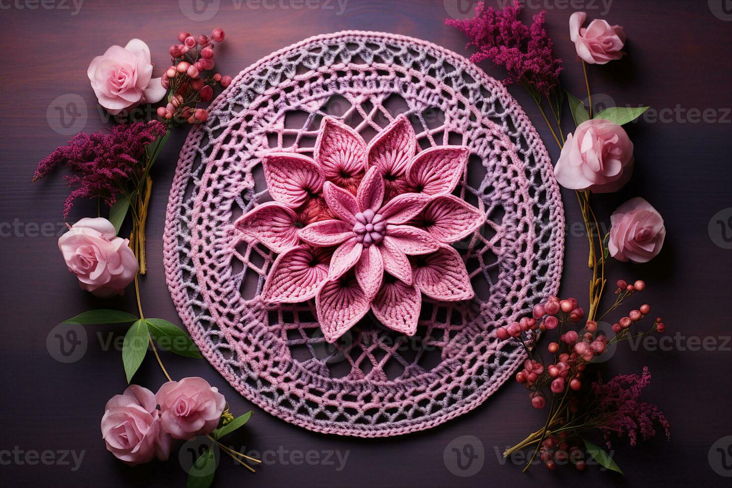 A crocheted doily with a flowers in ombre pinks and purples to signify creation, femininity, interconnection AI Generated. photo