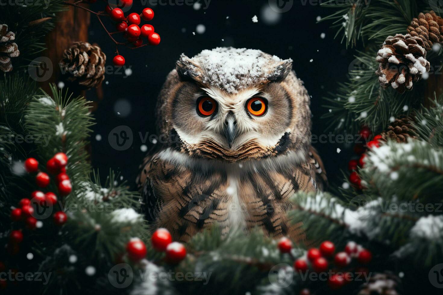 A snowy owlet sitting inside a Christmas wreath with pinecones and holly berries surrounding it. Festive atmosphere, symbol of wisdom and mystery. AI Generated. photo