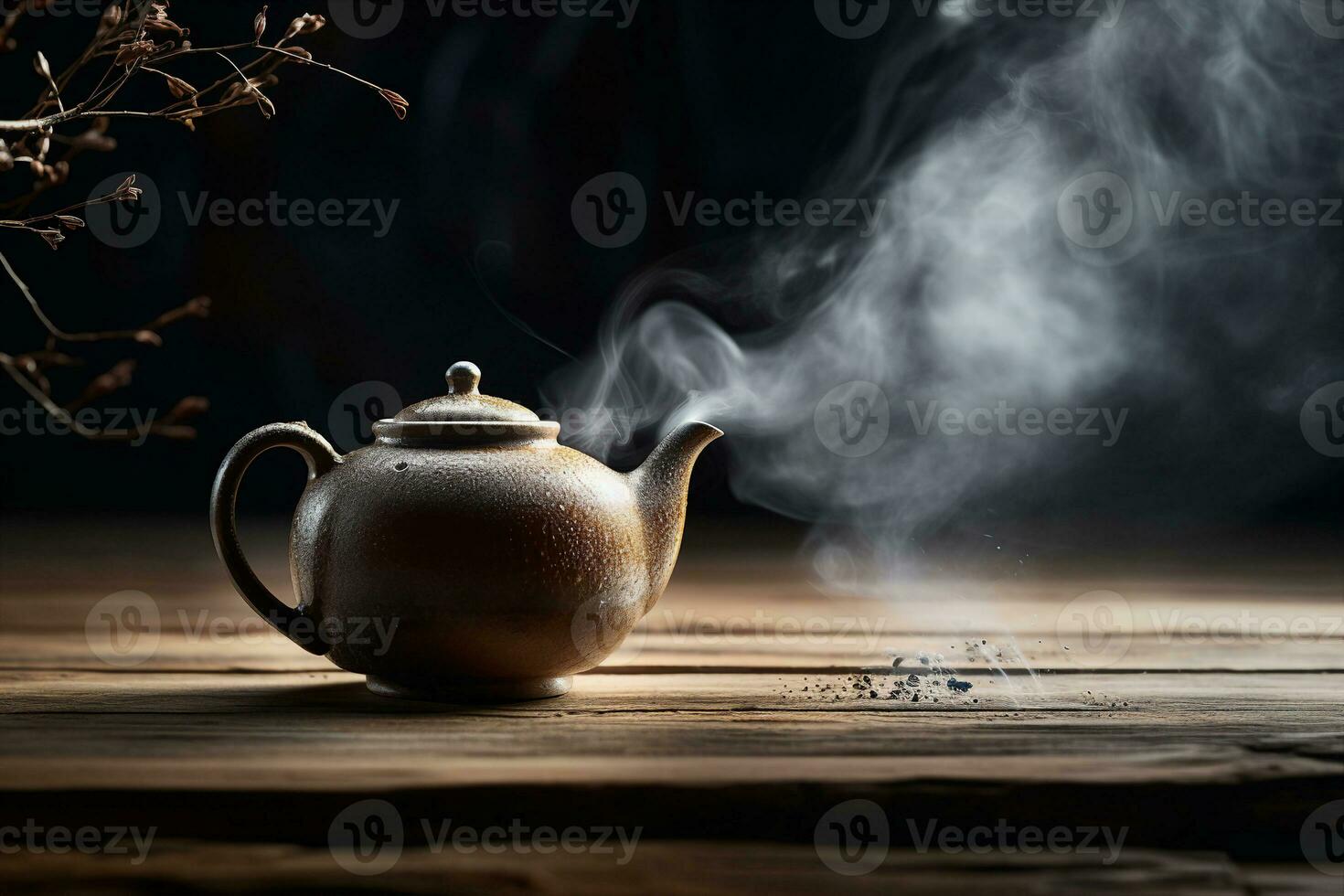 A close-up of a handcrafted Japanese teapot, placed centrally on an old wooden table. There are steam tendrils rising from the spout, suggesting a freshly made hot brew. photo