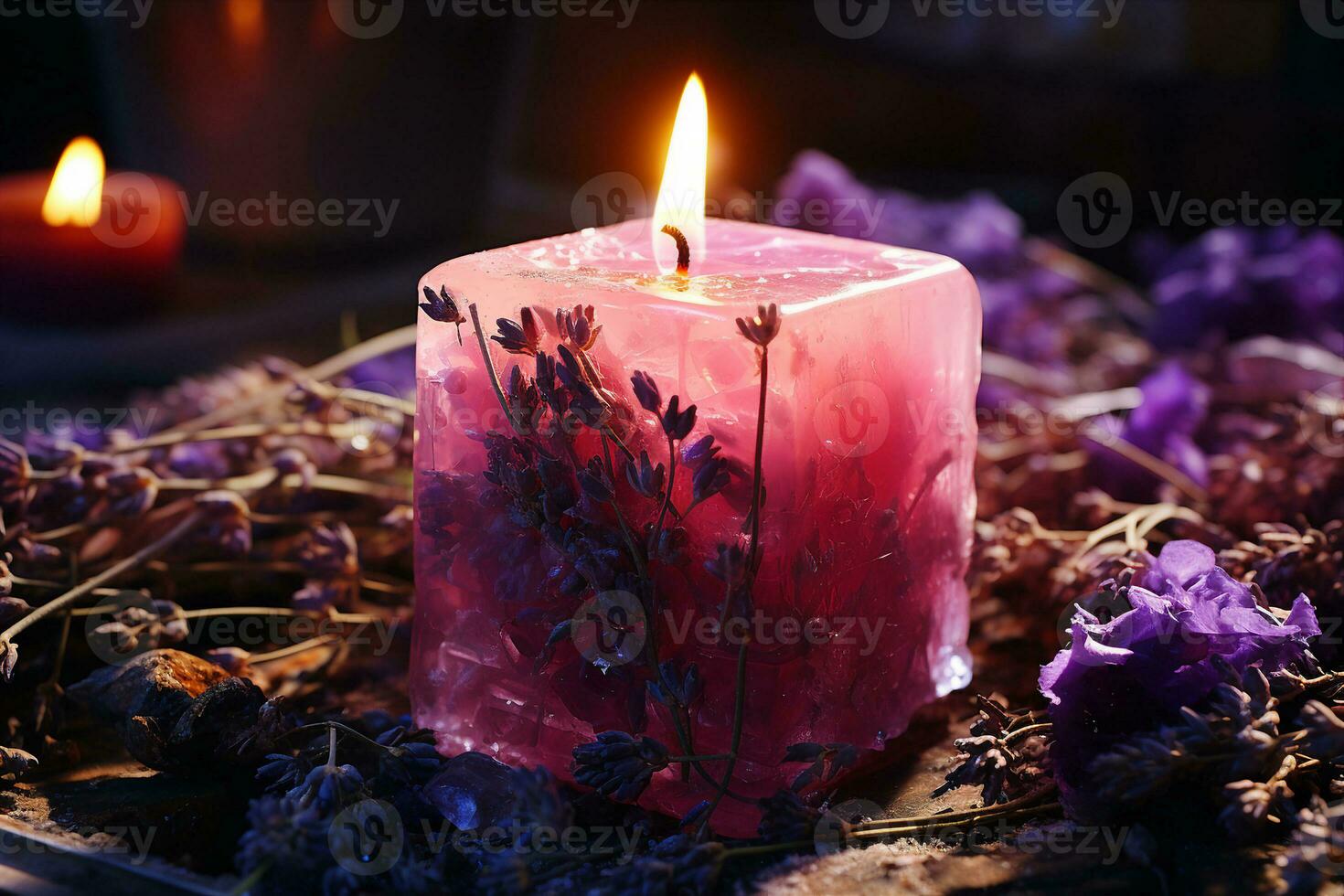 Beautiful SPA candles with essential oils and dried herbs set in wax - lavender, eucalyptus, chamomile. AI generated. photo