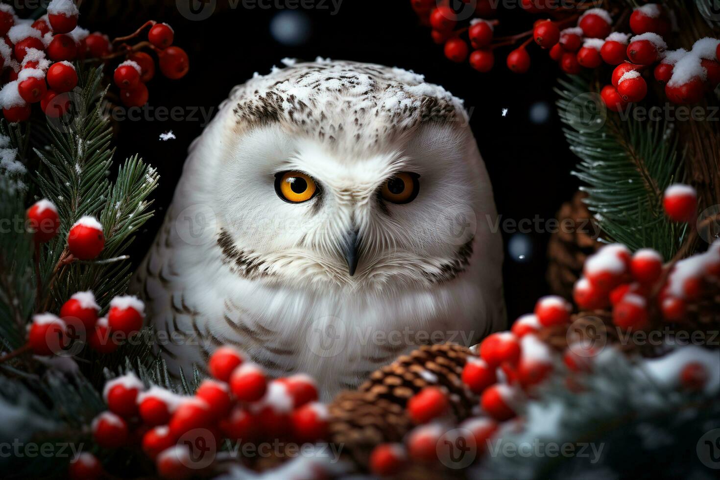 A snowy owlet sitting inside a Christmas wreath with pinecones and holly berries surrounding it. Festive atmosphere, symbol of wisdom and mystery. AI Generated. photo