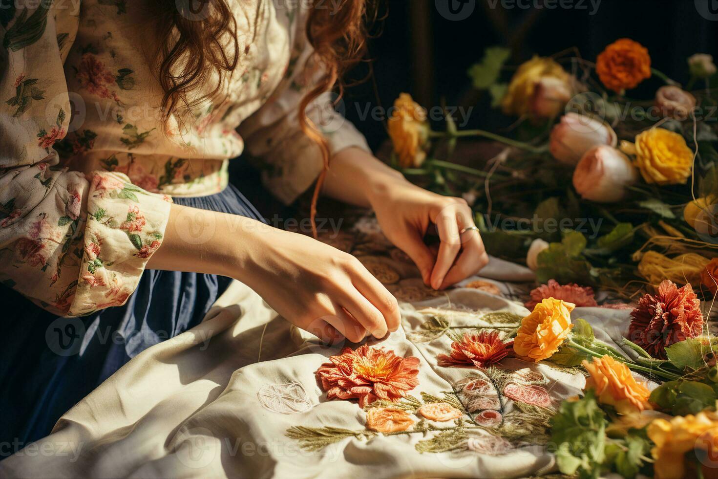 A pair of hands embroiders intricate and detailed flowers. The importance of tradition and the beauty of handwork. AI Generated. photo