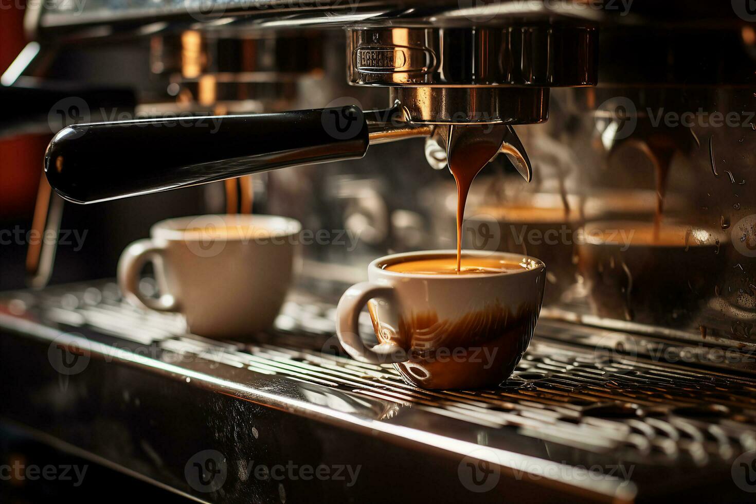 A close up of an espresso machine pull, the crema dripping into the cup below. AI Generated