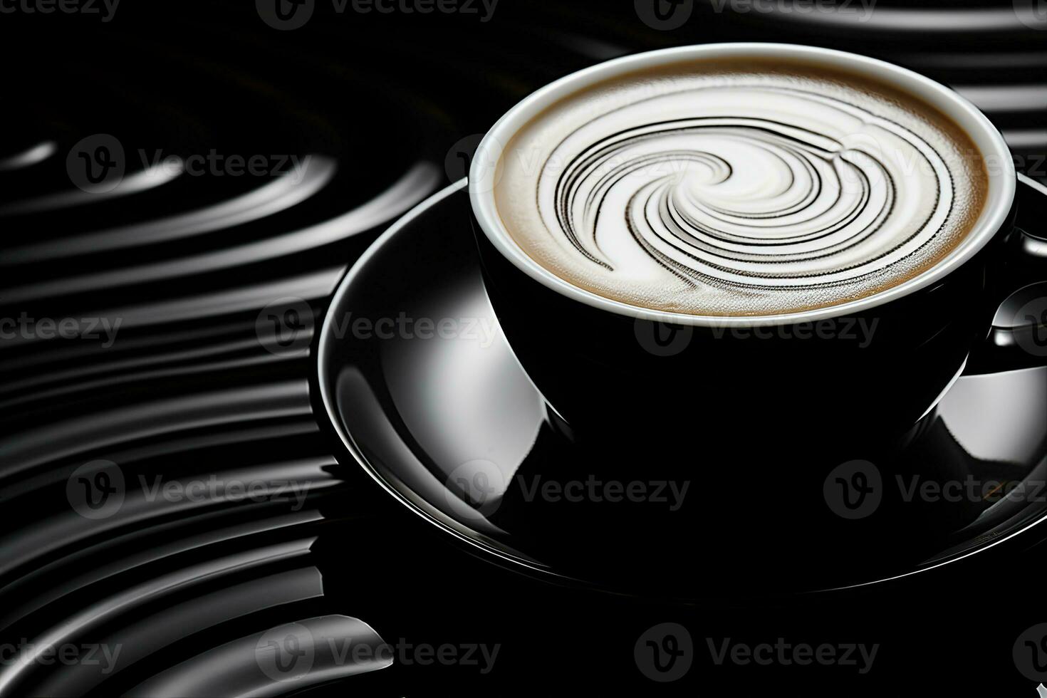 de cerca de el parte superior de un capuchino taza y platillo en pie en un lustroso mesa, con un modelo de arremolinándose líquido. negro barniz, resumen arte, alto contraste negro y blanco imagen. ai generado. foto