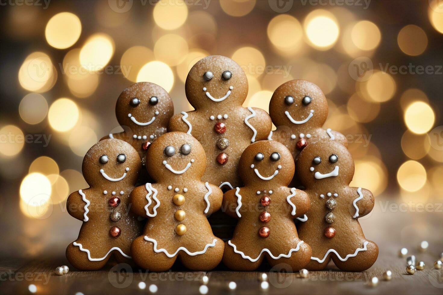 A tower of gingerbread men sitting on top of each other. Fun and festive concept, symbol of temptation and greed. AI Generated. photo