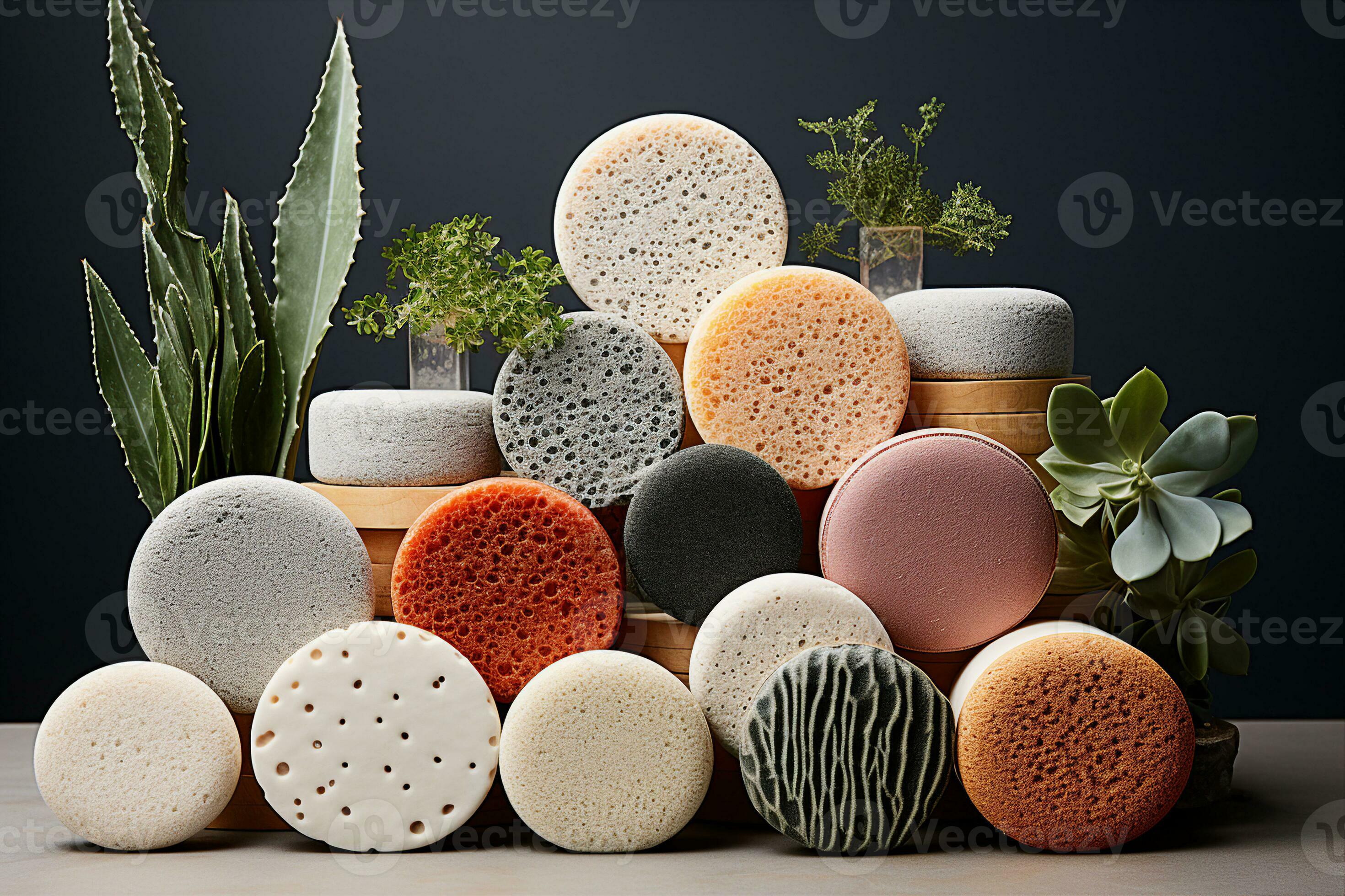 Assortment of natural loofahs and exfoliating sponges made from