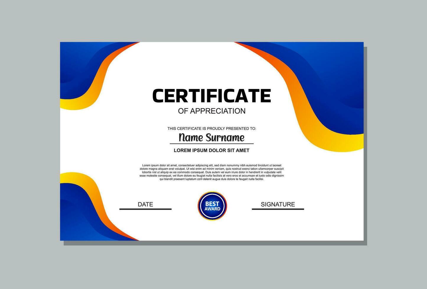 A professional certificate template featuring a vibrant blue and orange design. Perfect for recognizing achievements, awards, and accolades in a modern and eye catching manner. vector