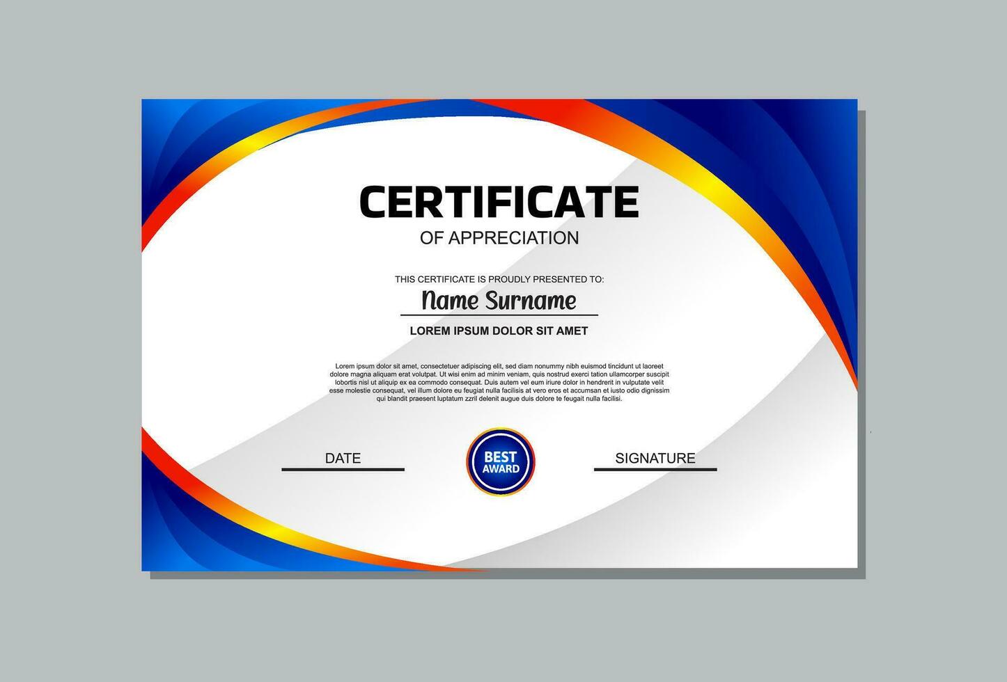 A professional certificate template featuring a vibrant blue and orange design. Perfect for recognizing achievements, awards, and accolades in a modern and eye catching manner. vector