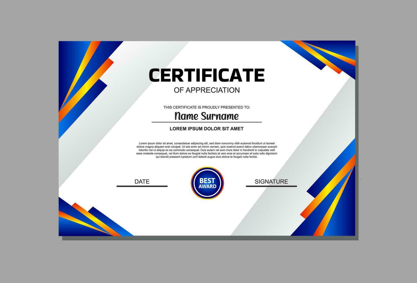 A professional certificate template featuring a vibrant blue and orange design. Perfect for recognizing achievements, awards, and accolades in a modern and eye catching manner. vector