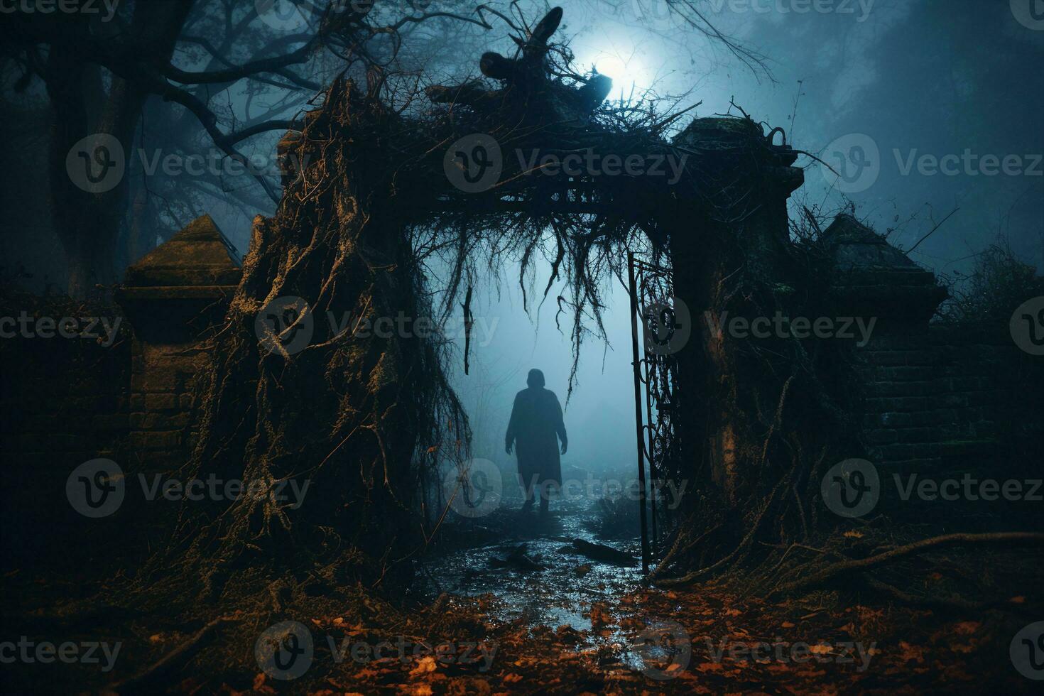 Old cemetery gate with dead ivy at night, silhouette of mysterious figure, symbol of threat, danger, and suspense. AI Generated. photo
