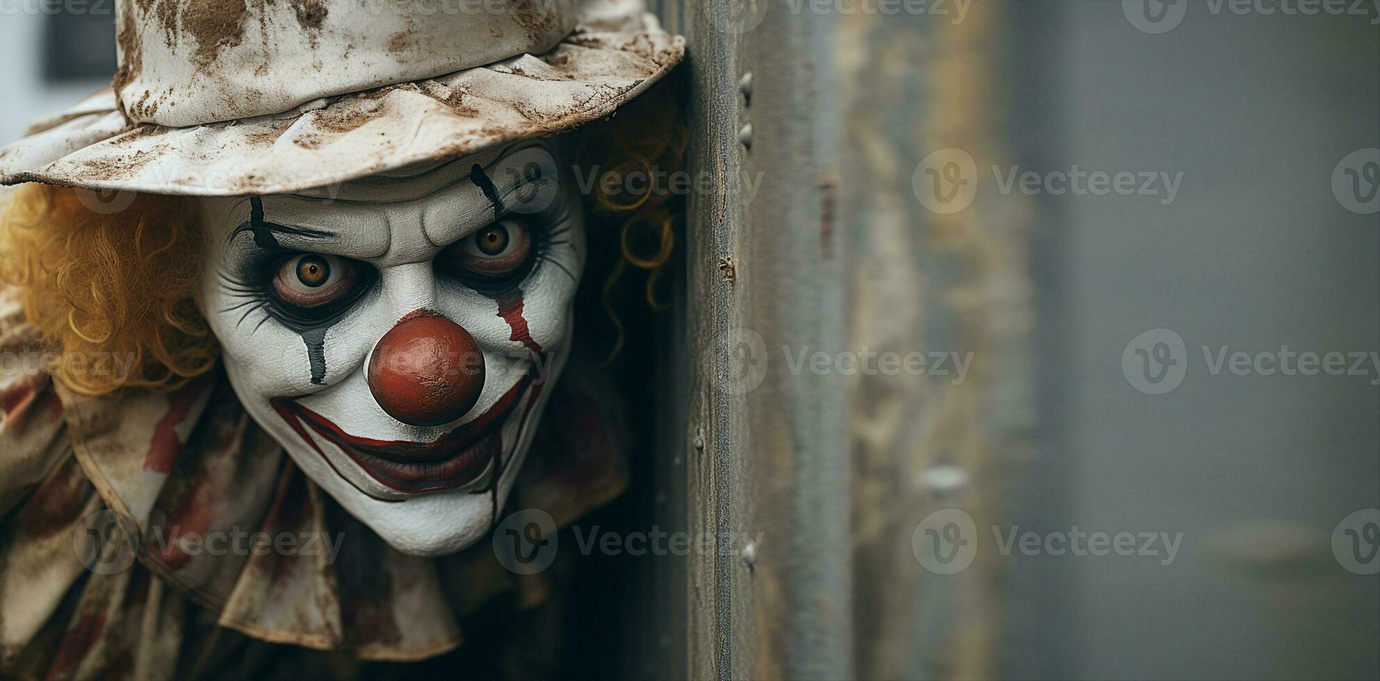 A creepy clown peeking around a corner. AI Generated. photo