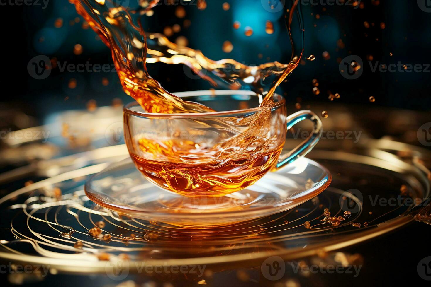 Close-up view of a stream of tea pouring into a cup, creating an elegant ripple effect, capturing the grace and movement of the pouring process. photo