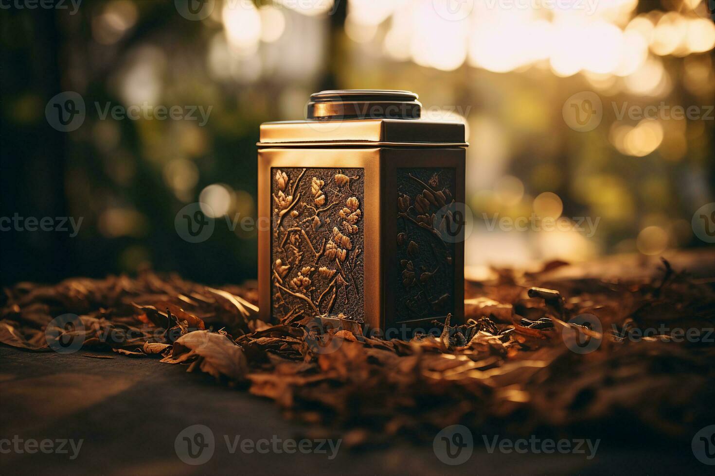 Side view of a traditional tea caddy, lid slightly ajar revealing dried tea leaves inside, symbolizing the elegance and tradition of tea storage. photo