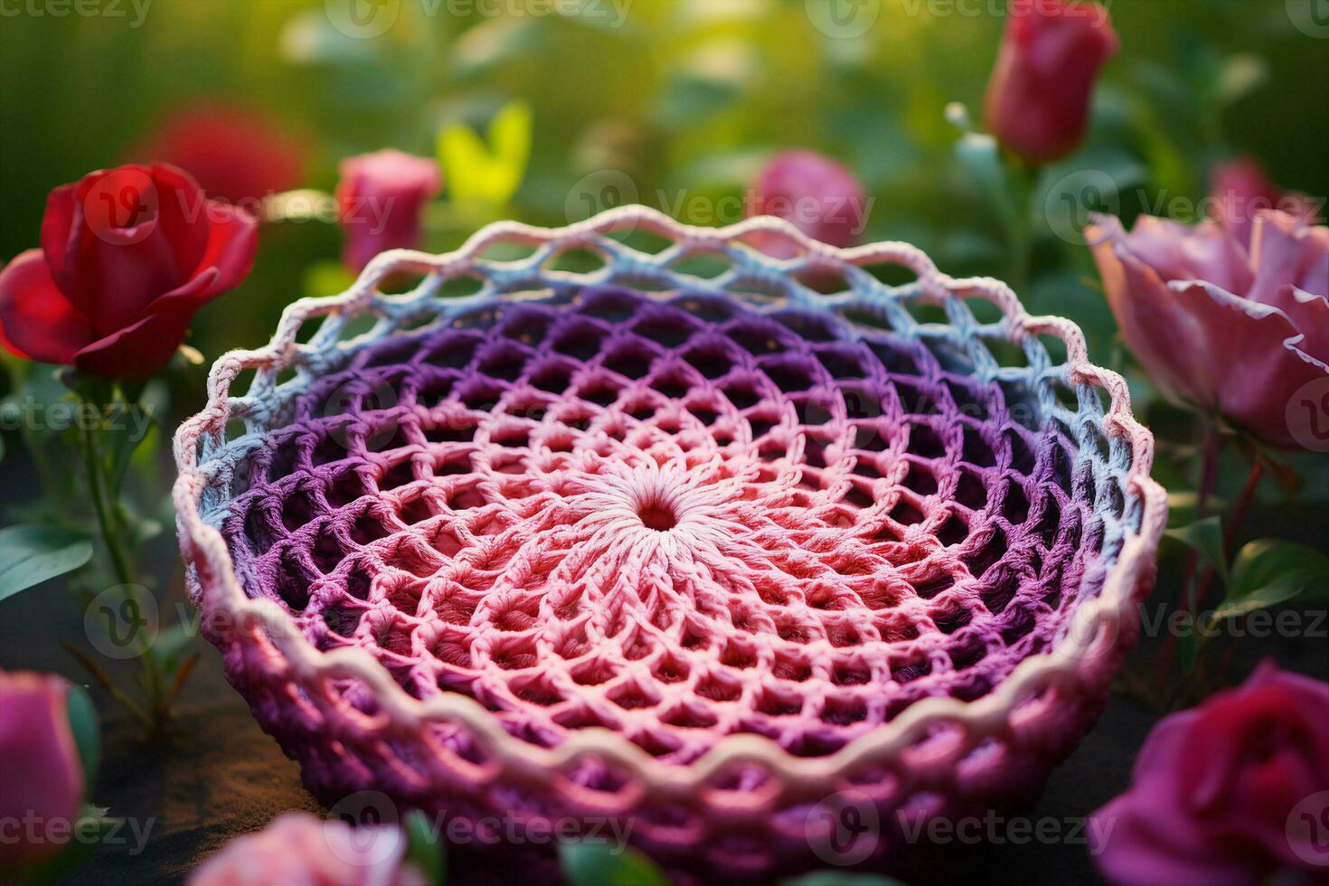 A crocheted doily with a flowers in ombre pinks and purples to signify creation, femininity, interconnection AI Generated. photo