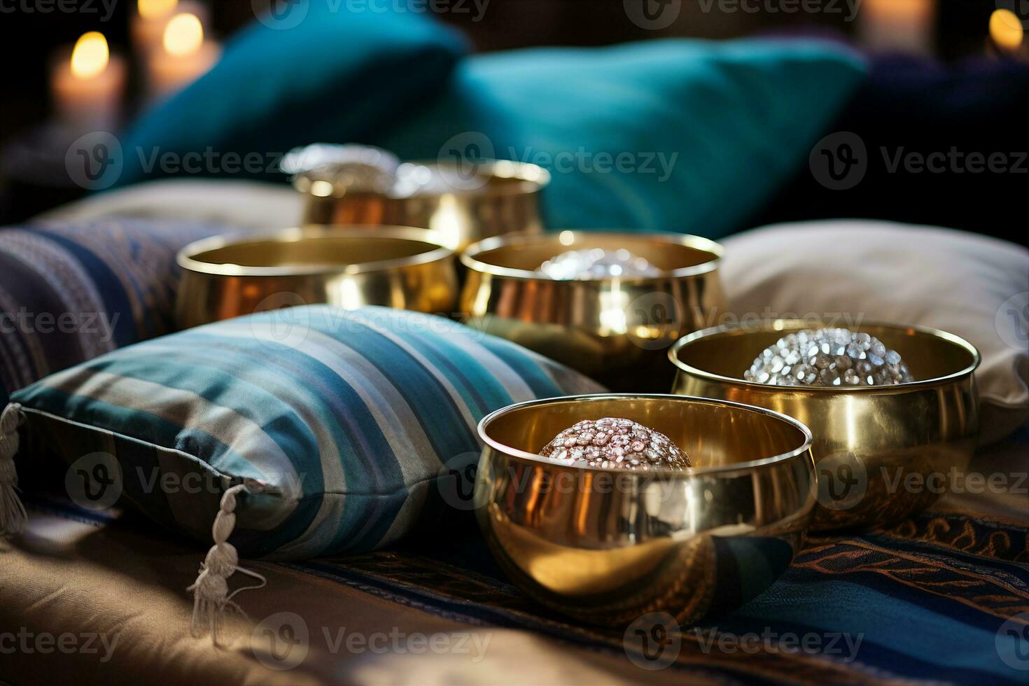 Assortment of singing bowls made of brass, placed on cushions and cloth backdrops. AI generated. photo