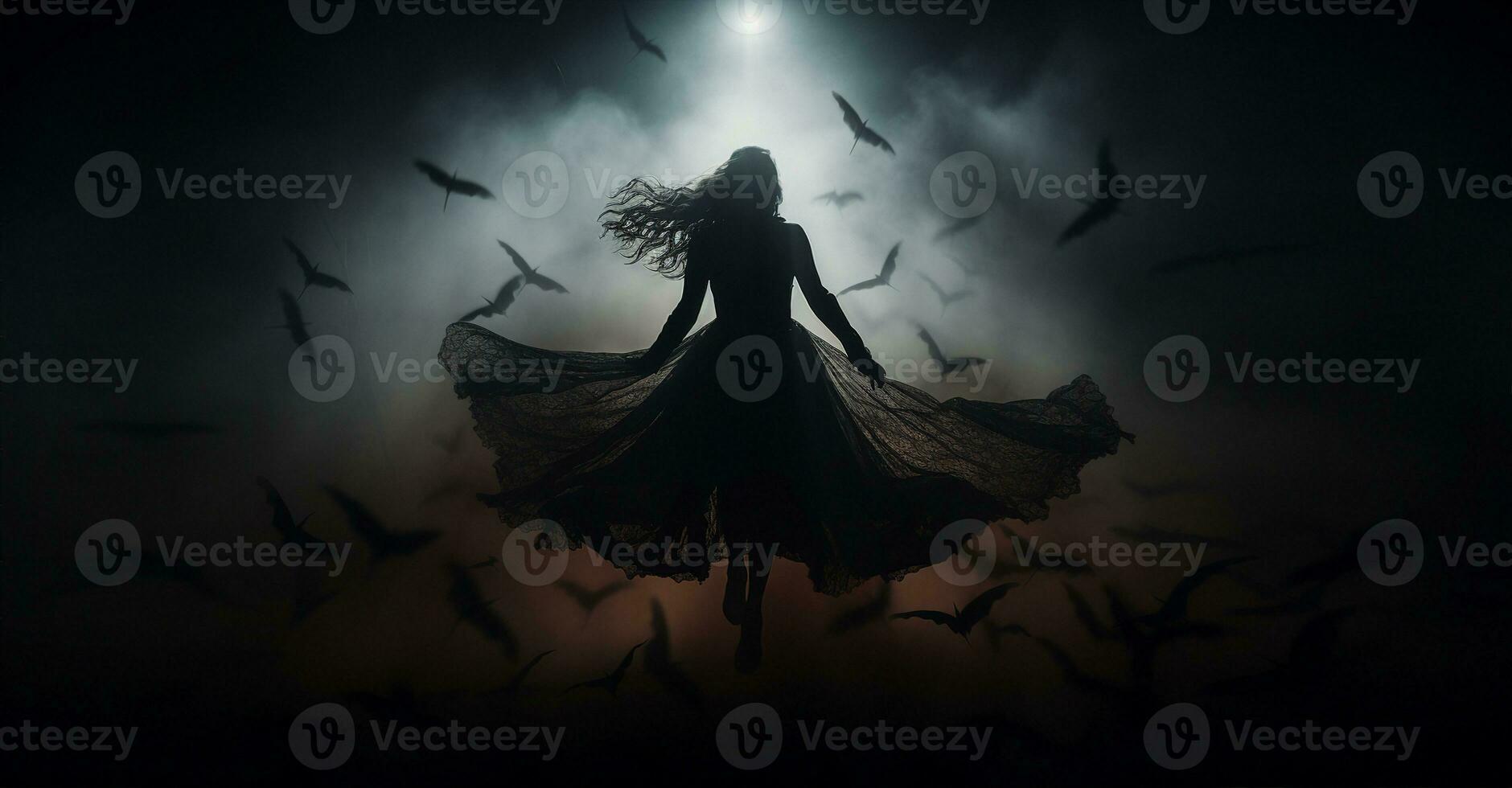 Silhouette of woman in long black dress surrounded by bats, barren landscape, symbol of fear and mystery. AI Generated. photo