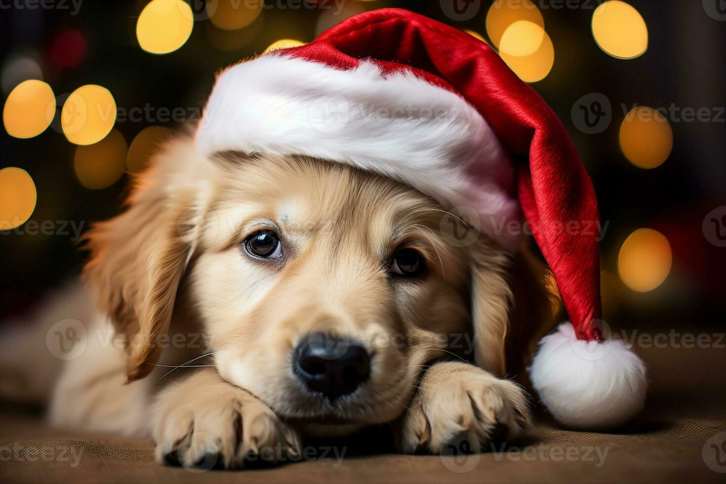 A golden retriever puppy with a Santa hat with a softly blurred Christmas tree in the background. Friendly, playful and festive atmosphere. AI Generated. photo