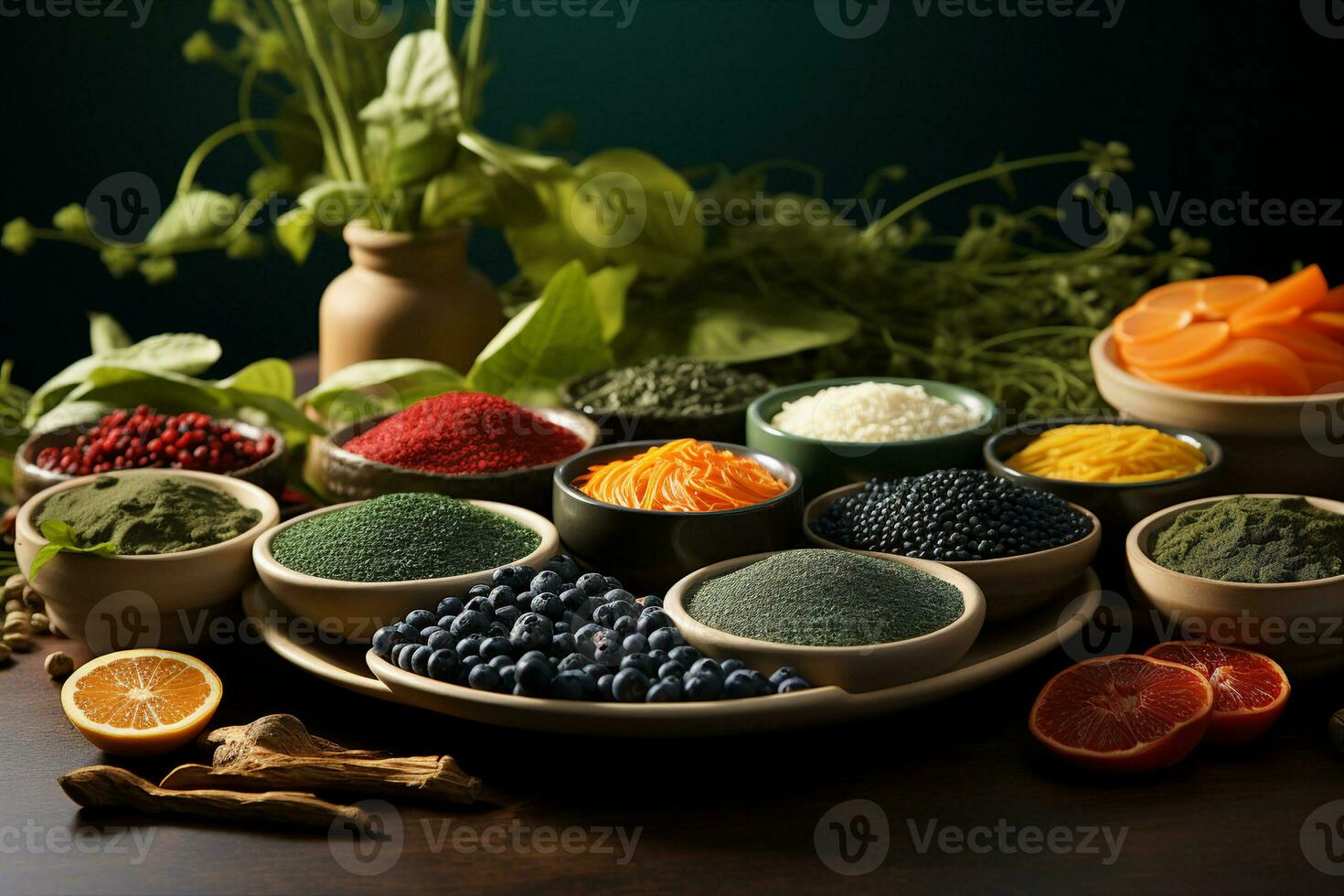 Wheatgrass and superfood ingredients - chia, cacao, maca, spirulina, fruits - arranged in bowls and glasses like a still life. AI generated. photo