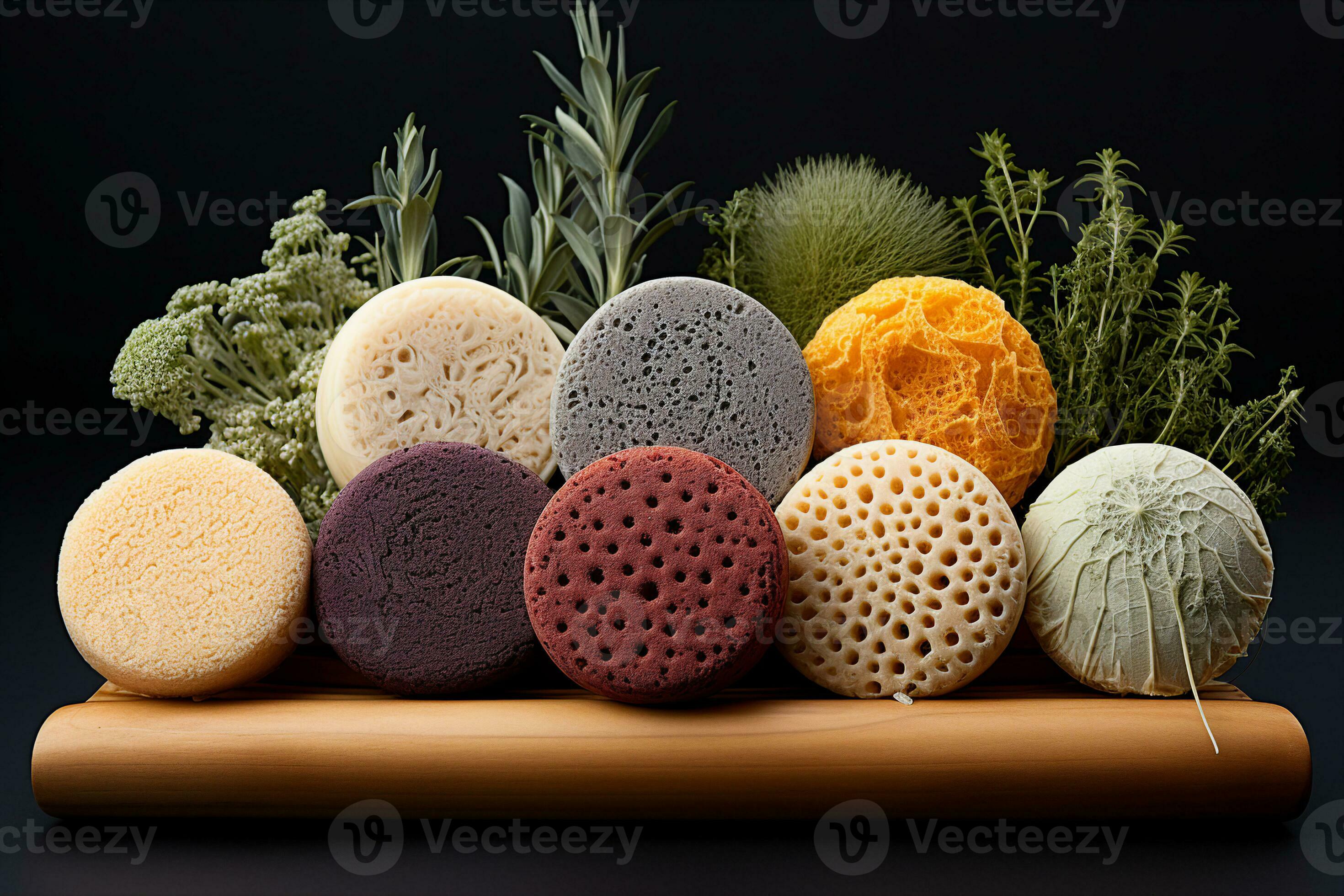 Assortment of natural loofahs and exfoliating sponges made from