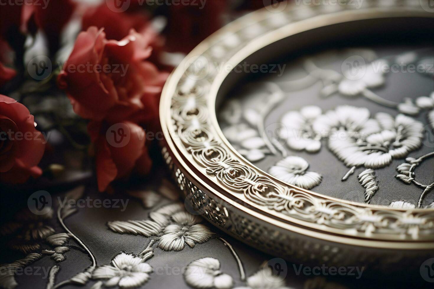 An embroidery hoop with elegant floral stitching on it, next to a bouquet of roses. A close up macro view, a symbol of love and the present. AI Generated. photo