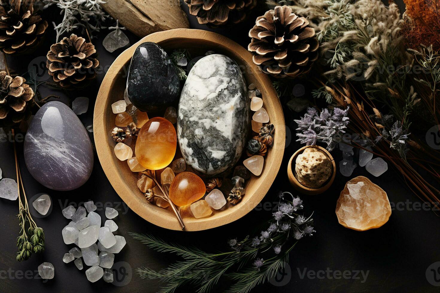 Arrangement of natural spa objects - geodes, crystals, dried flowers, pine cones, river rocks. AI generated. photo