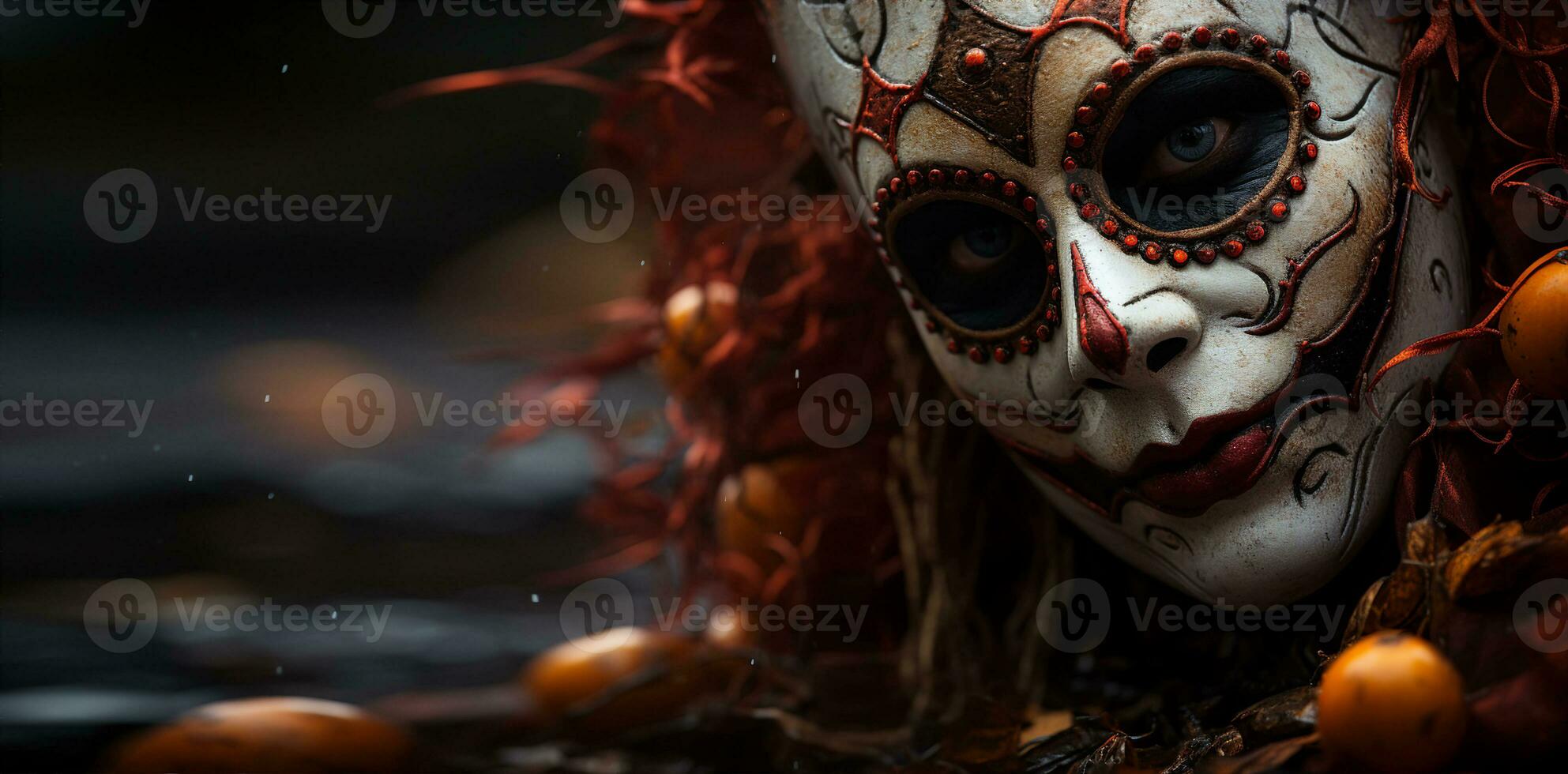 Halloween carnival mask, charred by fire, close-up, symbol of fear or decay. AI Generated. photo