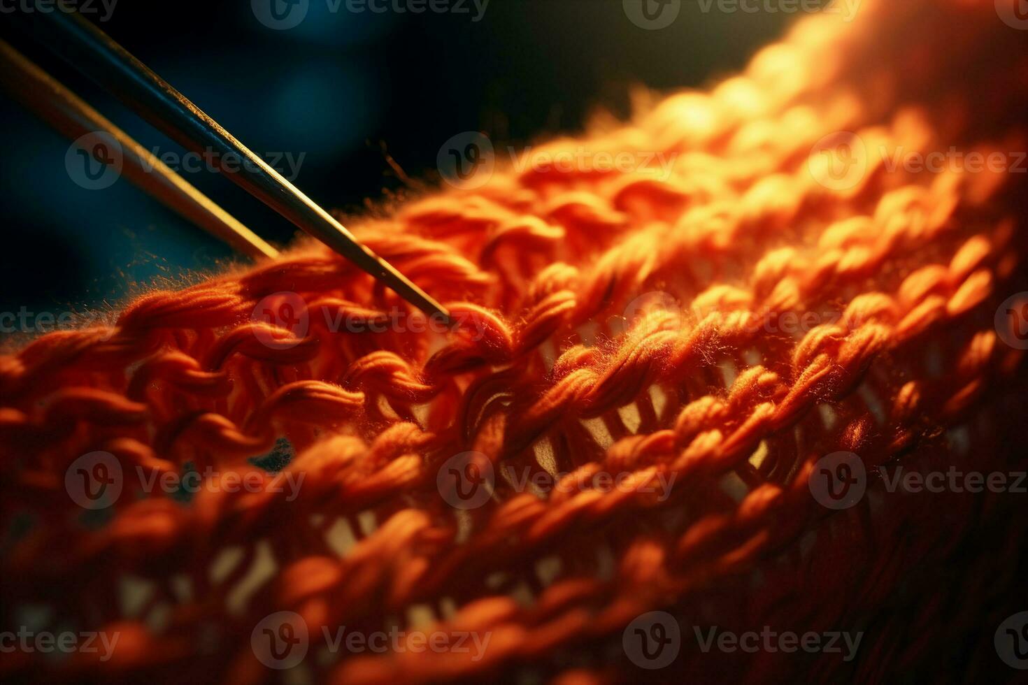 A knitting needle pulling yarn through a knitted scarf piece, close-up view. AI Generated. photo