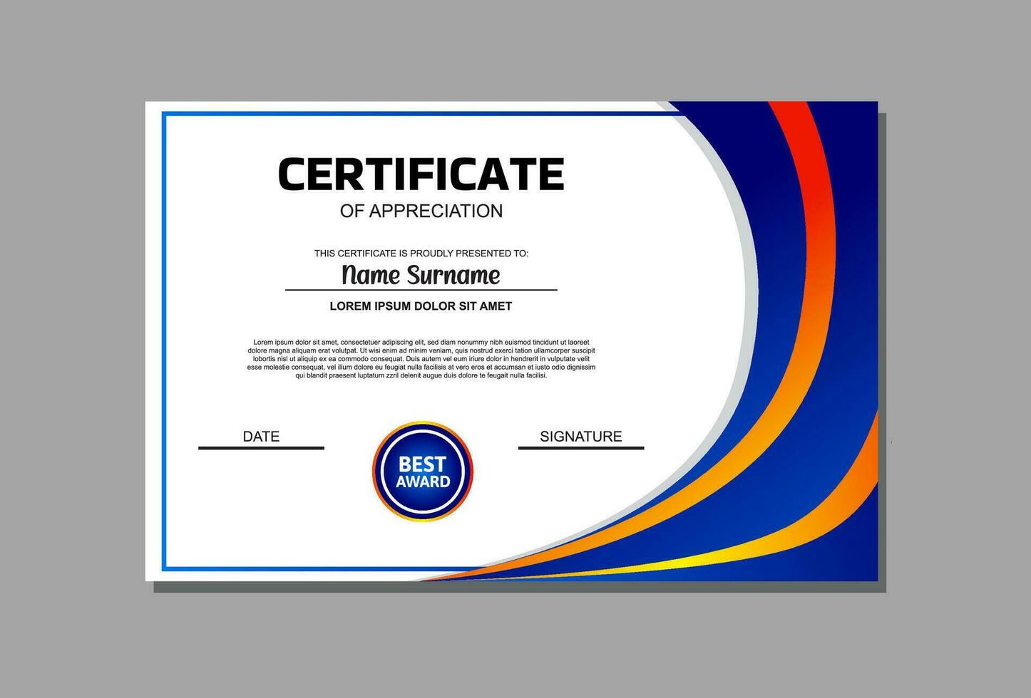 A professional certificate template featuring a vibrant blue and orange design. Perfect for recognizing achievements, awards, and accolades in a modern and eye catching manner. vector