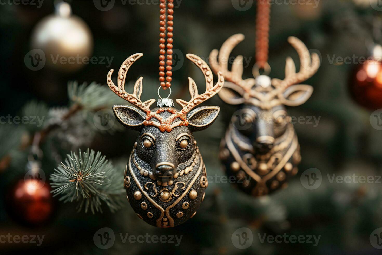 A Christmas ornament in the shape of deer head hanging from a Christmas tree. AI Generated. photo