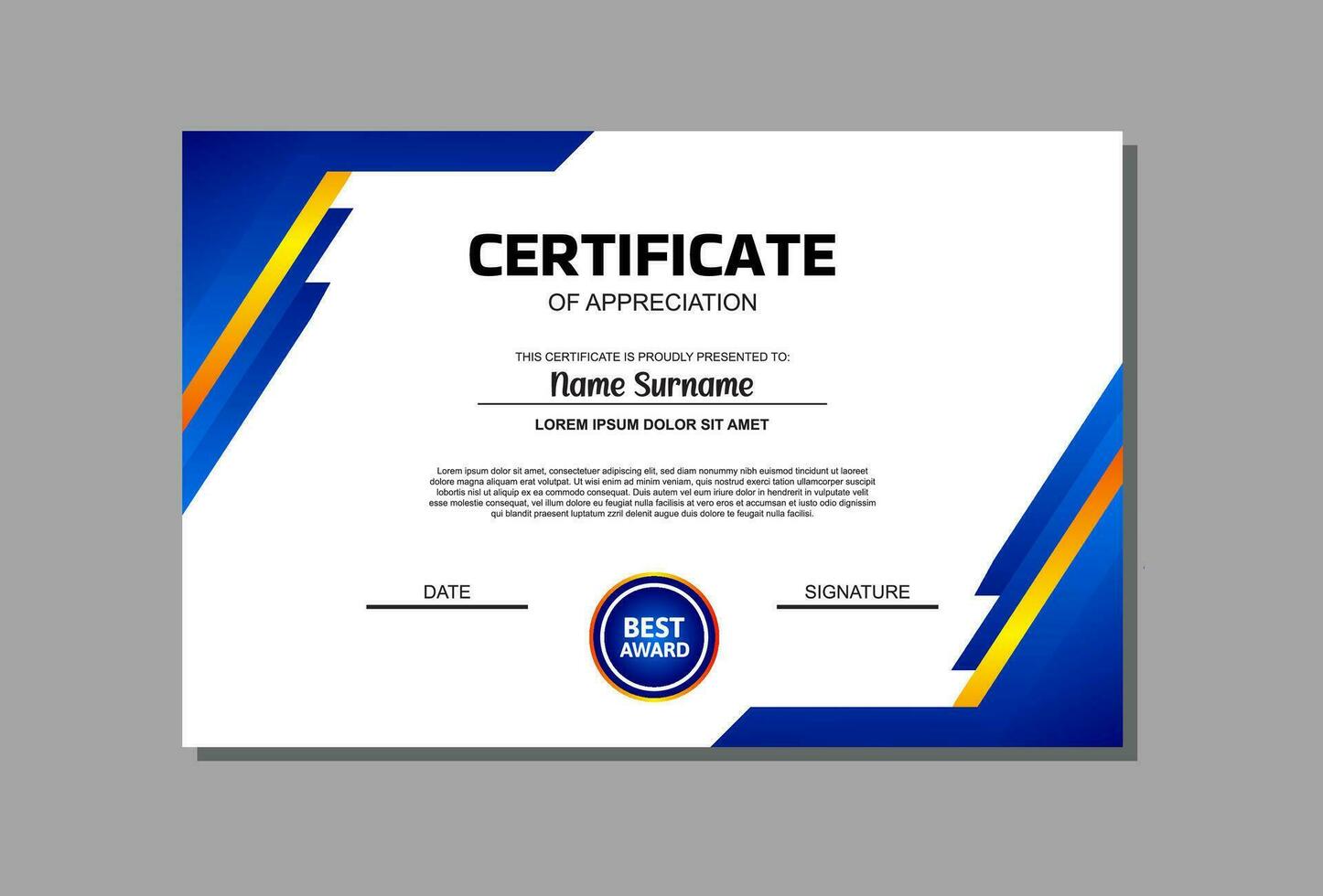 A professional certificate template featuring a vibrant blue and orange design. Perfect for recognizing achievements, awards, and accolades in a modern and eye catching manner. vector