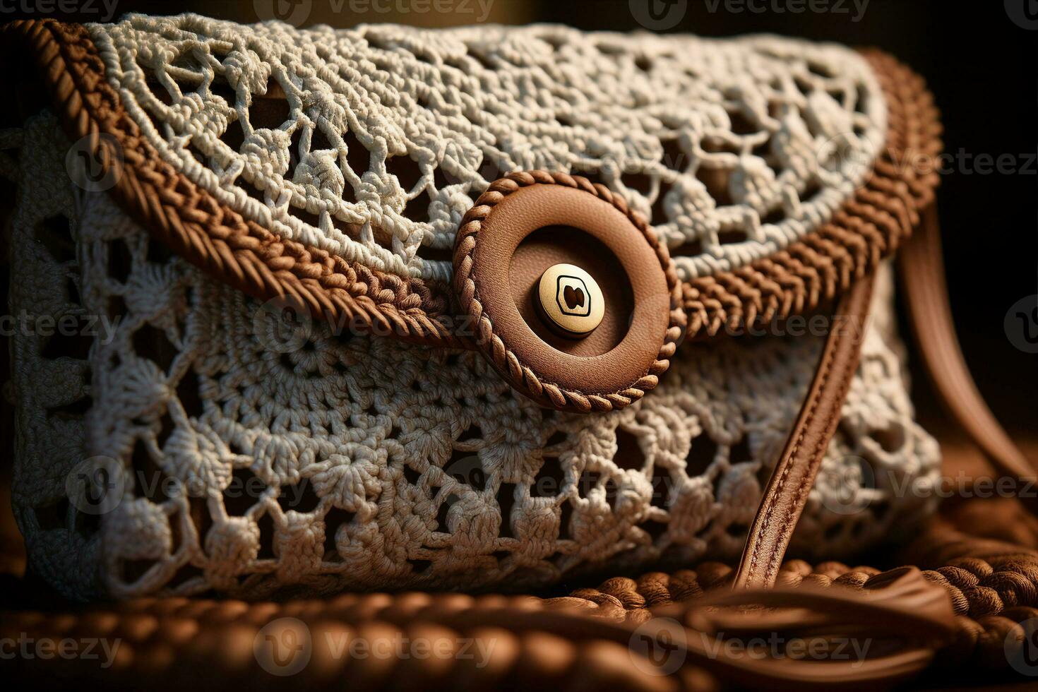 An elegant crocheted clutch purse for carrying essentials on the go, intricate handmade details, close up view. Simplicity, elegance, and warmth concept. AI Generated. photo