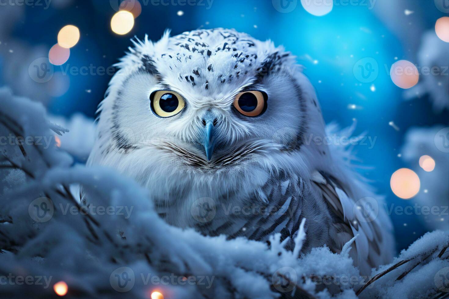A cute snowy owl sitting in a snowy tree with Christmas bokeh background. Symbol of wisdom, mystery and winter solstice. AI Generated. photo