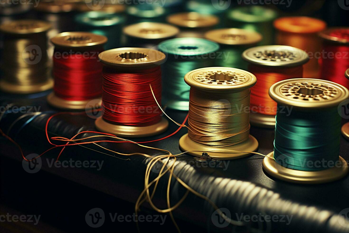 Several colorful spools of embroidery thread sitting on top of the table and ready to create something new and beautiful. AI Generated. photo