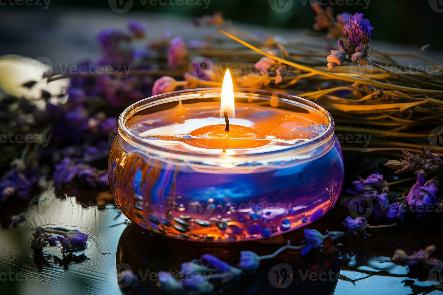 Beautiful SPA candles with essential oils and dried herbs set in wax - lavender, eucalyptus, chamomile. AI generated. photo