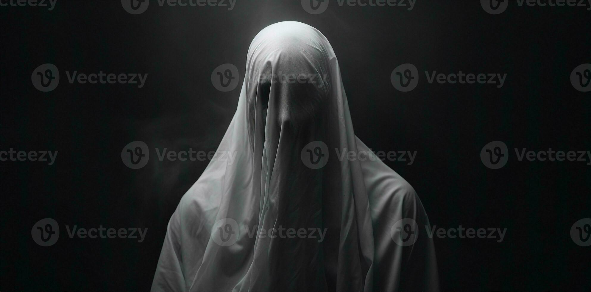 Ghost covered in white cloth, shrouded in darkness, ambiguous symbolism. AI Generated. photo