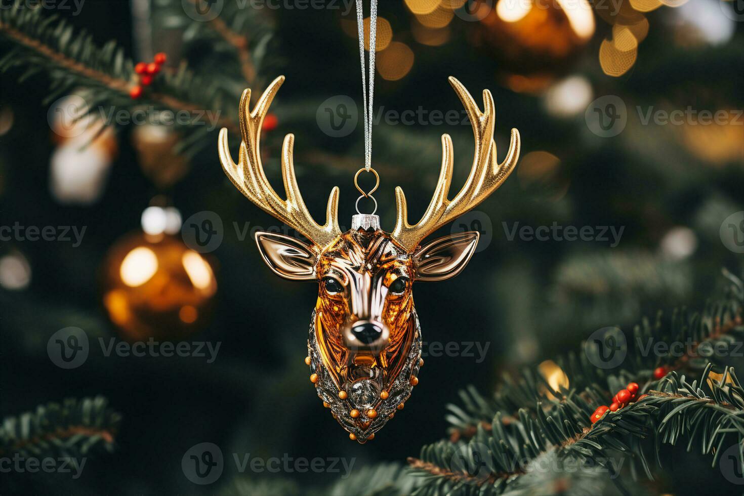 A Christmas ornament in the shape of deer head hanging from a Christmas tree. AI Generated. photo