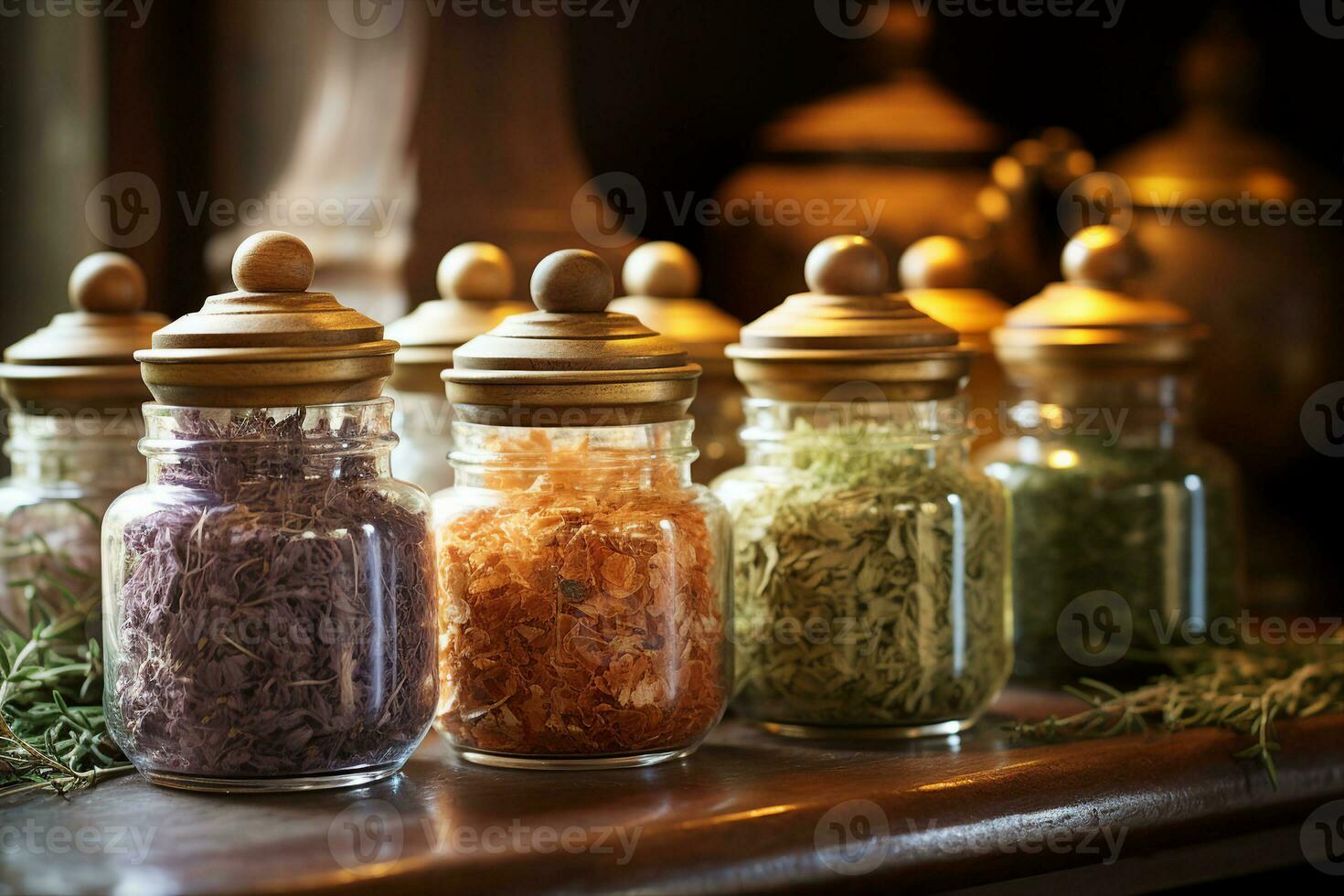 Antique apothecary jars filled with herbs, dried flowers, sea salts. AI generated. photo